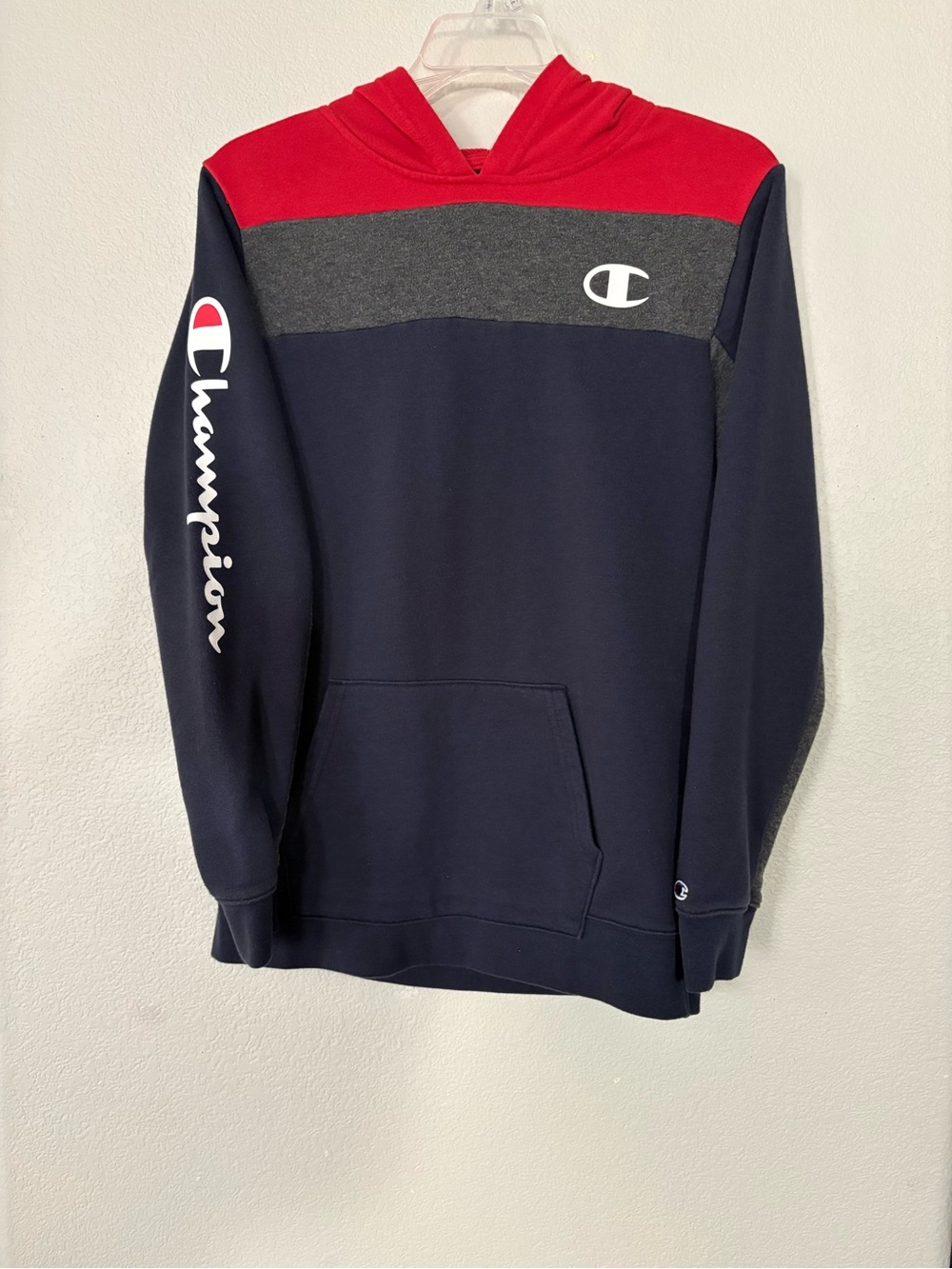 Champion Youth Navy, Red & Gray Colorblock Hooded Sweatshirt Sz XL